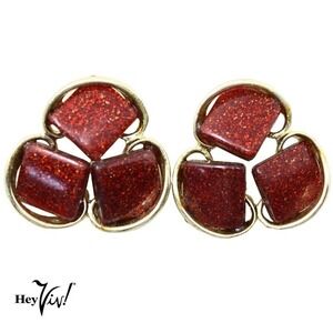 Vintage Red Glitter Thermoplastic Clip On Earrings Round Deco Design - Hey Viv
